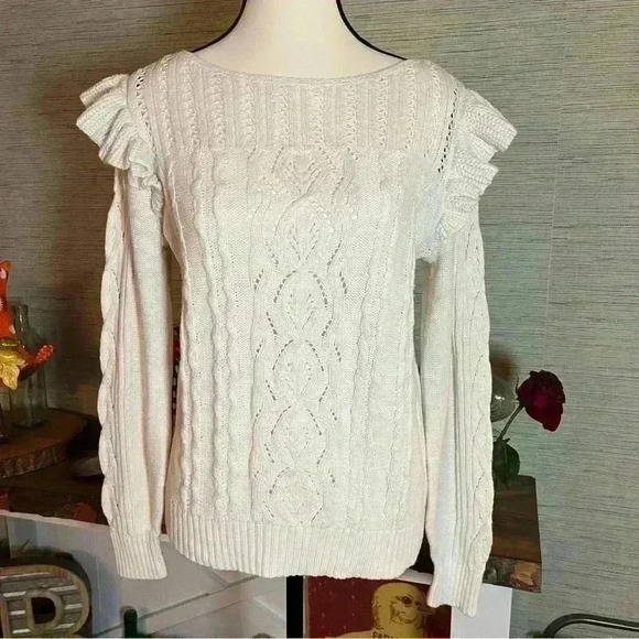 LOFT Sweaters - Ann Taylor Loft White Knit Sweater Ruffle Sleeve Cable Knit Women’s Size Medium